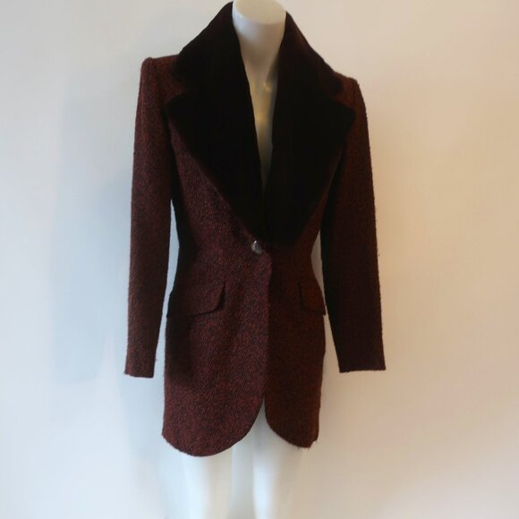 Yves Saint Laurent Black Brown Tweed Boucle Wool Blend Faux Fur Jacket Coat 6 - Picture 1 of 16